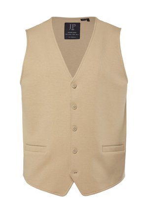 Chaleco beige para hombre sin mangas con botones, cuello en V y dos bolsillos delanteros embutidos, etiqueta con la inscripción "JP 1880 Northern Brand".