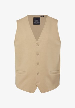 Béžová pánská vesta bez rukávů s knoflíky, výstřihem do V a dvěma předními kapsami s lemováním, štítek nese nápis "JP 1880 Northern Brand."