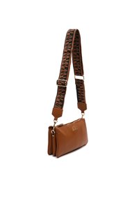 Brown leather crossbody bag with a textured finish, featuring a patterned adjustable strap and gold hardware accents. Two compartments.