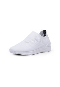 White slip-on athletic shoe made of breathable knit fabric, featuring a textured upper, flexible sole, and contrasting dark heel accent.
