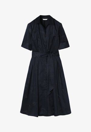Tmavě modré šaty s krátkými rukávy v přiléhavém střihu s zapínáním na knoflíky vpředu, páskem v pase a jemným paisley vzorem. Hladká textura látky.