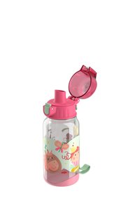 Clear plastic water bottle with pink lid and handle. Features colorful animal and butterfly illustrations on a mint green base.