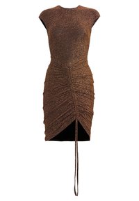 Brun, glittrig, bodycon-klänning med korta ärmar, rynkade sidor och en dragsnörning vid fållen. Mjuk, texturerad stoff.