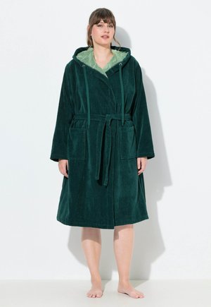 Peignoir de bain à capuche vert en tissu pelucheux avec une finition texturée. Comprend une ceinture, deux poches avant et une doublure intérieure de couleur vert clair contrastante.