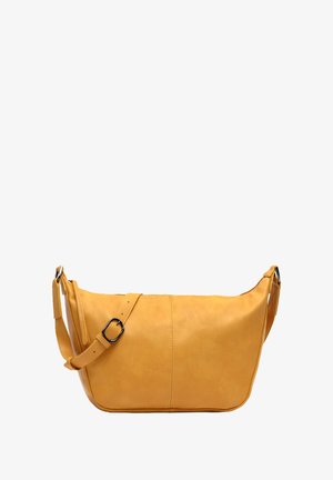 Yellow leather shoulder bag with a curved shape, adjustable strap, and a smooth texture. Features a metal buckle accenting the strap.
