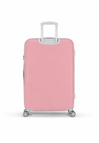 Hard-shell suitcase in glossy pink with a telescopic handle, four spinner wheels, and zipper closure. Durable, smooth texture, and compact design.