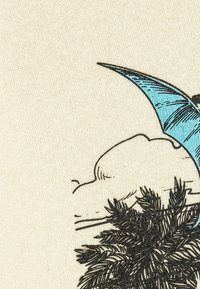 Tela de algodón con un fondo beige que presenta una ilustración detallada de un contorno negro de una hoja y acentos azules, mostrando textura y trabajo de líneas.
