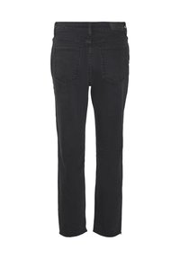 Jeans en denim noir avec une coupe droite, cinq poches et une taille simple. Le tissu semble doux avec un léger délavage.