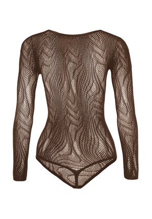 Brauner engmaschiger Langarm-Body mit Wellenmuster, runder Ausschnitt und Tanga-Design für eine taillierte Silhouette.
