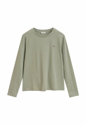 Camicia a maniche lunghe in cotone verde chiaro, con scollatura rotonda e un piccolo logo ricamato sul petto. Design semplice e vestibilità rilassata.