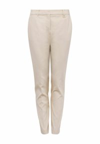 Beżowe dopasowane spodnie o gładkiej fakturze, wąskim kroju i standardowym pasie. Posiadają przednie kieszenie oraz subtelne detale przeszycia.