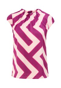 Top leggero a maniche corte in rosa e crema con motivo a zigzag. Collo raccolto con design plissettato, che aggiunge texture e dettagli.