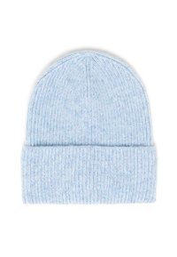 Světle modrý pletený kulich s žebrovanou strukturou a ohrnutým lemem, vyrobený z hladké, měkké směsi vlny pro zajištění tepla a pohodlí.