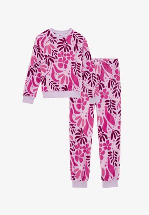 Fleece-Pyjama-Set mit langen Ärmeln und elastischem Bund; verfügt über ein rosa und lila Blumenmuster auf einem hellrosa Hintergrund.