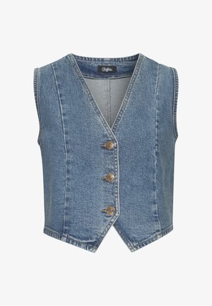 Denim vest in light blue, featuring a v-neckline, sleeveless design, and four silver-tone buttons down the front.