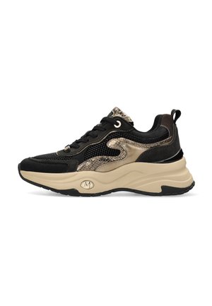 Black and beige sneaker with snake pattern details, mesh fabric, thick beige sole, lace-up front, and pull tab at the heel.