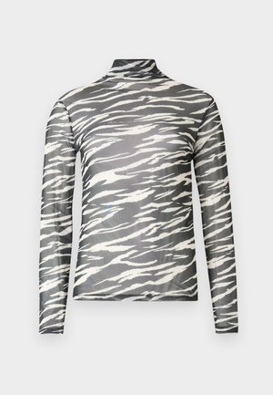 Μπλούζα με μακριά μανίκια και ψηλό γιακά σε διαφανές ύφασμα, με μοτίβο μαύρων και λευκών ριγών ζέβρας. Απαλή υφή με εφαρμοστή σιλουέτα.