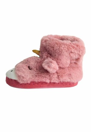 Chausson licorne en peluche rose avec yeux fermés, corne jaune et semelle violette, conçu pour la chaleur et une utilisation intérieure.