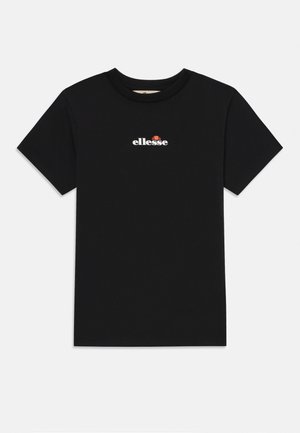 Camiseta negra de manga corta con cuello redondo, con pequeño logo blanco "ellesse" y diseño de semicírculo naranja centrado en el pecho.