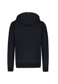 Sudadera azul marino hecha de tela suave, con una gran capucha, mangas largas y un ribete en el dobladillo y los puños. Sin gráficos ni detalles visibles.