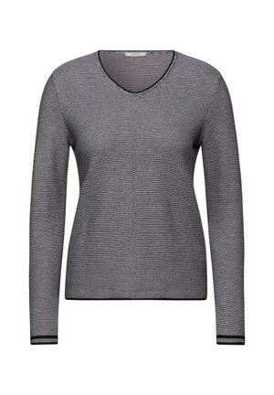 Pull à manches longues en V rayé noir et blanc, avec un tricot texturé et des poignets côtelés contrastants.