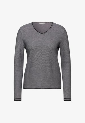 Langsleeve V-hals trui in zwart-wit streepjes, met een gestructureerde brei en contrasterende ribboorden.