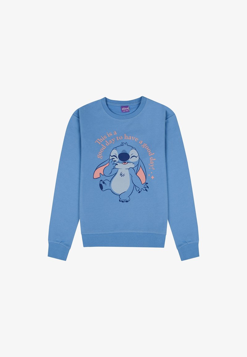 Sweat-shirt bleu avec un personnage de dessin animé souriant aux grandes oreilles et le texte « C'est une bonne journée pour passer une bonne journée » en orange.