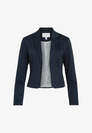 Marineblazer mit langen Ärmeln, mit Revers und taillierter Passform. Innenfutter aus weißem Material mit vertikalen marineblauen Streifen.