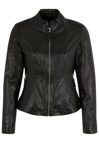 Sort læderjakke med lynlås i front, ribbede skuldre og to sidelommer. Glat tekstur, tætsiddende design og stående krave.