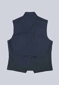 Dunkel marineblaues ärmelloses Weste aus strukturiertem Stoff. Verfügt über einen hohen Kragen und eine Schnallendetail am Rücken zur Anpassung. Keine sichtbaren Taschen.