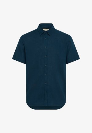 Kurzärmliges, dunkelblaues Shirt aus leichtem Stoff, mit knöpfbarem Frontverschluss, Standardkragen und abgerundetem Saum.