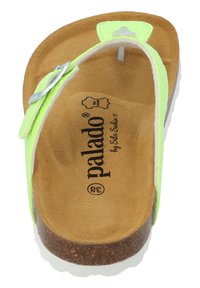 Infradito neon verde con suola in sughero, soletta in camoscio e fibbia color argento. Presenta un design con attraversamento per le dita e una soletta texturizzata.