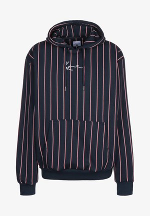 Felpa con cappuccio blu navy con strisce verticali rosse e bianche, tasca frontale e logo ricamato. Tessuto morbido e testurizzato con polsini a coste.