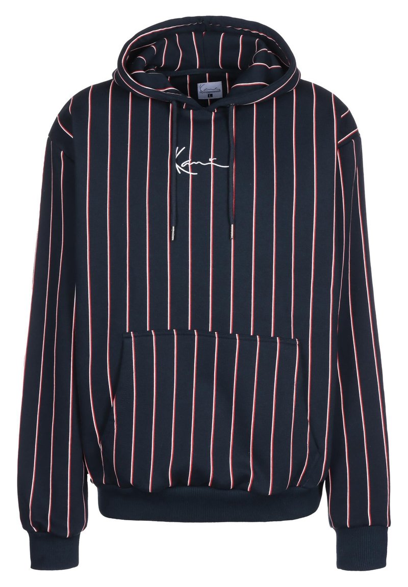 Laivaston sininen huppari, jossa on punavalkoiset pystysuorat raidat, etutasku ja kirjailtu logo. Pehmeä, teksturoitu kangas ja resorit hihansuissa.