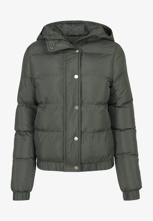 Ciemnozielona kurtka puchowa z kapturem, z pikowanym wzorem, zapięciem na zatrzaski oraz elastycznymi mankietami i dołem, dla dodatkowego ciepła.
