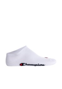 Chaussette blanche de cheville en coton, avec un logo rouge et le mot "Champion" en noir sur le côté. Texture douce avec un design sans couture.