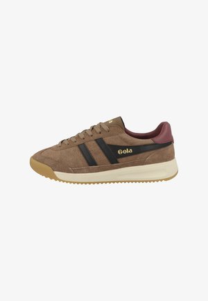 Brown suede sneaker with black side stripes, maroon heel tab, beige sole, and "Gola" logo in gold on the side.
