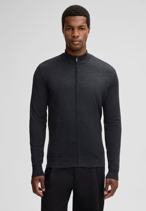 Dark gray zip-up jacket made of soft fabric, featuring a high collar, long sleeves, and a streamlined fit without visible patterns.