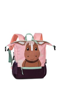 Kinderrugzak van roze stof met een ontwerp van een bruine pony, voorzien van netstof schouderbanden, een voorvak met rits en een paarse onderkant.