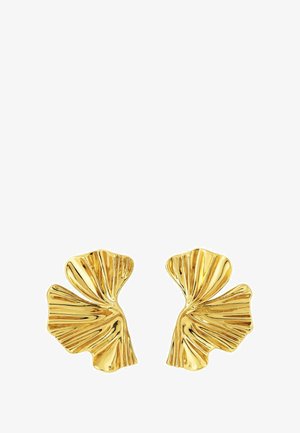 Gouden oorbellen met een gestructureerd, bladachtig ontwerp met gerimpelde details, die een glanzende afwerking en organische vorm tonen.