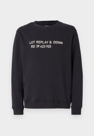 Sweatshirt noir à col rond en mélange de coton. Présente un texte imprimé en blanc : "LOT REPLAY B. DENIM RD 39 423 925" sur le devant.