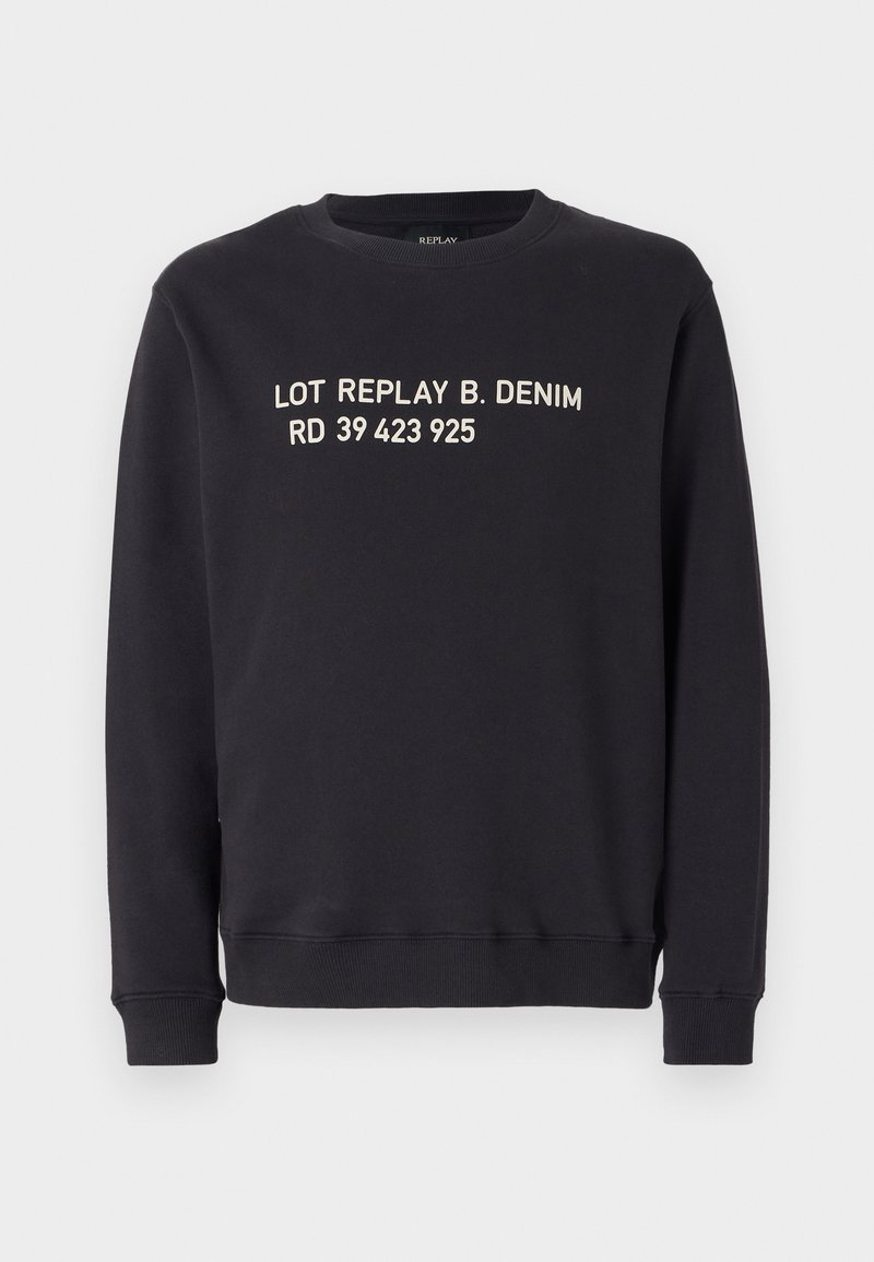 Sweatshirt noir à col rond en mélange de coton. Présente un texte imprimé en blanc : "LOT REPLAY B. DENIM RD 39 423 925" sur le devant.