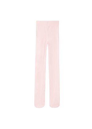 Light pink fabric pants with a straight-leg design and an elastic waistband. Smooth texture, no visible patterns or hardware details.