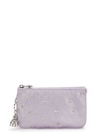 Lilac fabric pouch with silver star embellishments, zip closure, and a silver charm attached for added detail. Smooth texture.