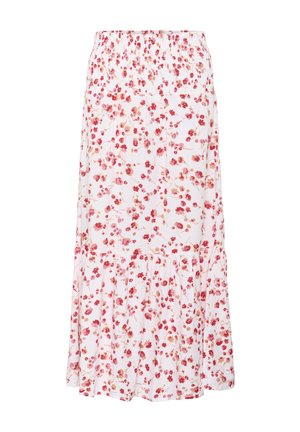 Gonna maxi floreale con sfondo bianco, caratterizzata da motivi di fiori rosa e gialli, vita arricciata e balze arricciate all'orlo.