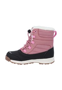 Roze en zwarte sneeuwlaarzen met nepbont voering, textuurpanelen, een rubberen zool en verstelbare veters; ontworpen voor winterse omstandigheden.