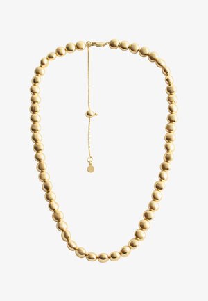 Gold beaded necklace featuring spherical beads of varying sizes, a secure clasp with an adjustable chain, and a small hanging accent.