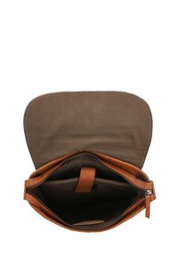 Tasche aus braunem Leder mit einem Innenfutter aus braunem Stoff, ausgestattet mit einem Reißverschluss, einem Hauptfach und einer kleinen Tasche zur Organisation.