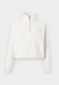 White, quarter-zip fleece pullover with a mock collar. Features a slightly cropped design, soft texture, and a subtle logo on the front.