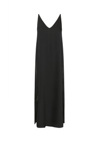 Robe longue noire sans manches avec décolleté en V et fentes latérales, confectionnée dans un tissu lisse et fluide.